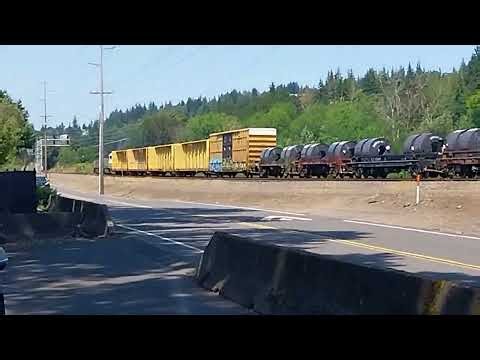 Ex Burlington northern locomotives pull freight train 🚆 north going thru Kalama, Wa on July 13, 2026