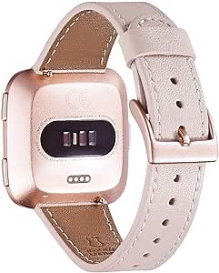 WFEAGL for Fitbit Versa Bands, Top Grain Leather Replacement Strap for Fitbit Versa/Versa 2 /Versa Lite/Versa SE Fitness Smart Watch (PinkSand Band+ Rosegold Buckle)