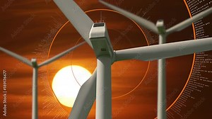 Clean energy wind turbines with sunset and animated helix