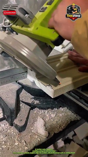 Worker Cuts Gypsum Molding with Electric Miter Saw for Perfect Angle Fit #BuildingTools