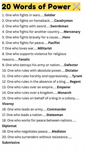 20 Words of Power From soldier to statesman, these words echo strength, leadership, and willpower 💥 Unleash the power of vocabulary that commands respect! #PowerWords #LeadershipVocabulary #StrongMindset #LearnEnglishDaily #MotivationalLearning #WarriorSpirit | EduSphere Academy