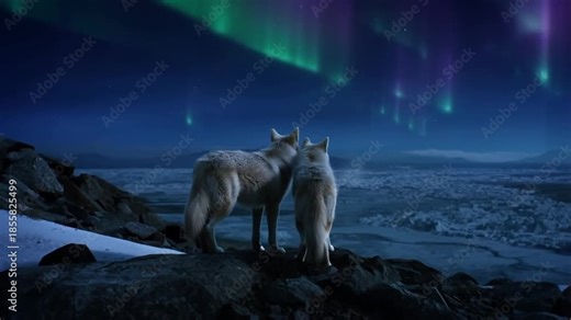 Two arctic wolves standing together on a cliff under the northern lights over a frozen tundra, the concept of loyalty and joint resistance to the elements