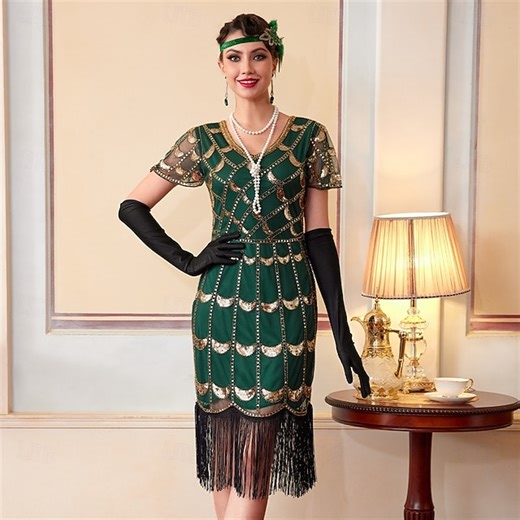 Roaring 20s 1920s Knee Length Flapper Dress Short Sleeves The Great Gatsby Sequins Fringe V Neck Fancy Dress Women's Christmas Carnival Masquerade Retro Theme Party Charleston Dance Adults' Dress 2025