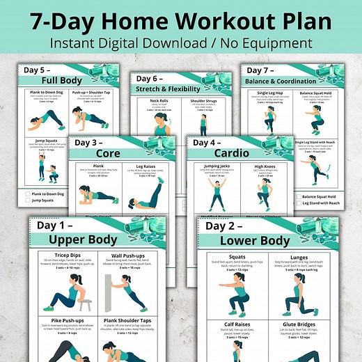 7-day Home Workout Plan for Women – Printable Exercise Chart, Full Body   Core & Stretching Routine, No Equipment Weekly Workout PDF - Etsy