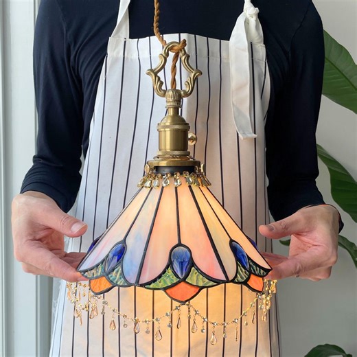 Blue Handmade Stained Glass Pendant Light Plug in Hanging Lamp With Crystal Fringe 24cm - Etsy