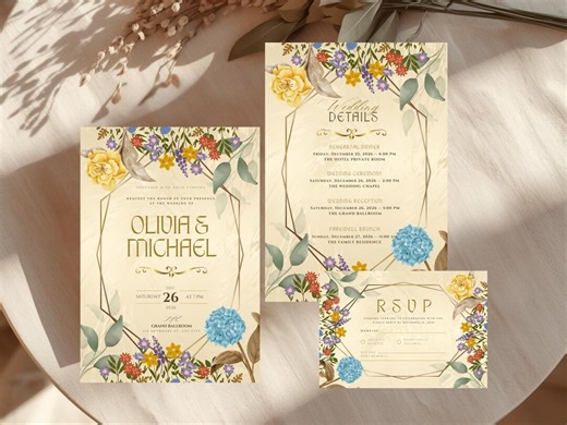 Classic Garden Wedding Invitation Suite | Champagne Floral Editable Invite - Etsy