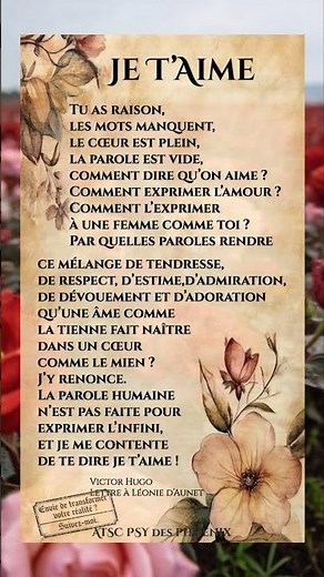 ❤️JE T’AIME ❤️Le plus bel aveu d'amour de Victor HUGO💌