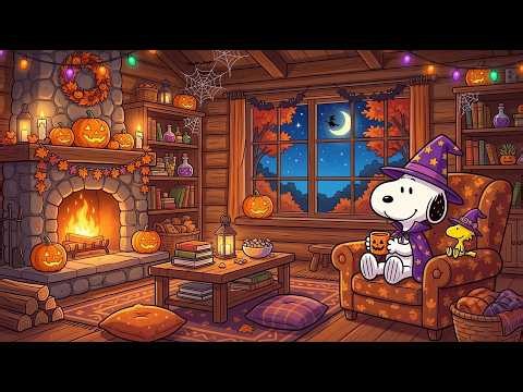 Cozy Halloween Cabin with Snoopy 🧙🎃 Relaxing Jazz Music by the Fireplace