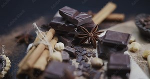 Motion footage of different types of chocolate for cooking documentaries film and cinematic cooking scene