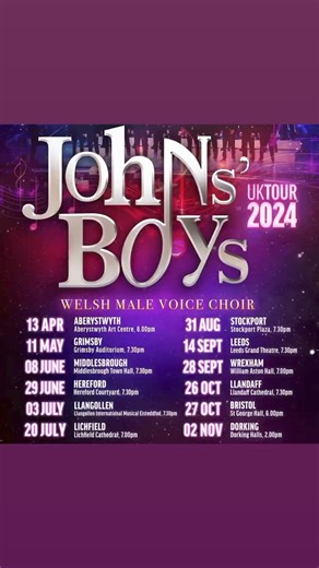 Johns’ Boys Welsh Male Choir is one of the most decorated British male choirs in history. The choir have won numerous choral competitions and in 2019 became the first British Male Voice Choir to win the prestigious Pavarotti ‘Choir of the World’ prize at the Llangollen International music festival. They have made numerous TV appearances, including The Last Night of the Proms, Britain's Got Talent,The Royal Variety Show and the Netflix blockbuster drama Stay Close. The choir have gathered million