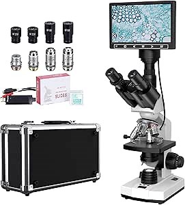 Lab Compound Trinocular Microscope with Thermostat Mechanical Stage, Dual-View Microscope for Adults with 40X-2500X Magnification, Premium Achromatic Objective, 7'' LCD Screen, Built-in 5MP Camera
