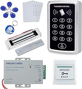 Stand-Alone Door Access Control System Kit with 180kg/350lbs Electric Magnetic Lock, DC12V/3A Power Supply, Door Exit Button, 10pcs RFID EM ID Keyfobs/Cards