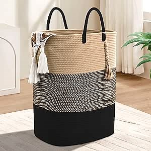 Woven Laundry Basket for Clothes, 65L Large Rectangle Laundry Hampers with Beads Tassel, Nursery Storage Basket for Toys, Tall Dirty Clothes Hamper for Bedroom Aesthetic, Laundry Room Organization