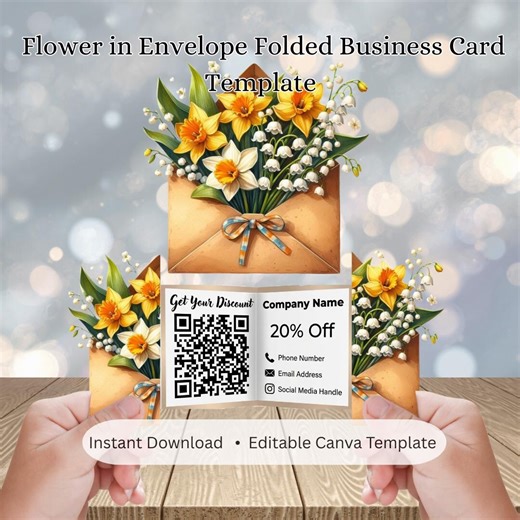 Flower in Envelope Folded Business Card Template | 3 Sizes | Editable Canva - Etsy