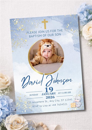 Baptism Invitation Template Boy | Editable Baptism Invite With Photo | Blue Christening Invitation | Printable & Digital | Canva - Etsy