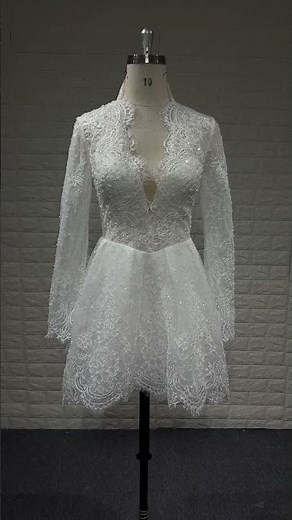 Elegant White Lace Long-Sleeve Mini Dress Short Lace V-neck wedding dress #whitedresses #whitedress