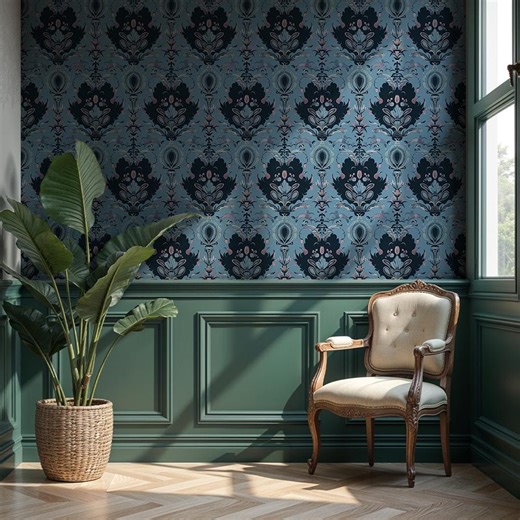 Dark Blue Damask Wallpaper: Vintage Floral Pattern for Elegant & Moody Interiors - VM142 - Etsy UK