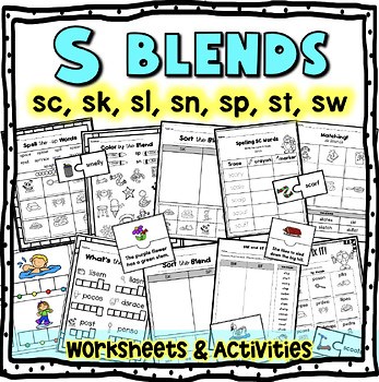 S Blends Worksheets sm, sp, sn, st, sl, sw, sc, and sk Phonics with Short Vowels