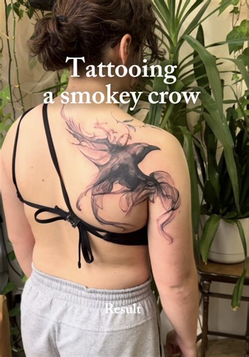 Tattooing a smokey crow today. ❤️ I feel really blessed to be supported by @fytsupplies, and I'm so grateful for the trust on this one. A crow already carries so much energy, and adding smoke makes it feel even more alive, like it's moving between worlds.✨ I want to do more smokey things. If you've been dreaming of a dark, elegant piece with soft flow, DM me. 🐦‍⬛ #montrealtattooartist #quebectattoo #canadiantattooartist
