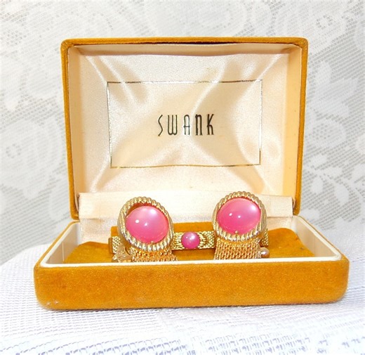 Vintage Swank Gold Tone Cufflinks and Tie Clip Set - Pink Cabochon in Original Box - Etsy