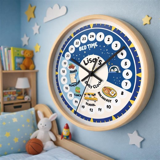 PERSONALIZED Kids Daily Routine Clock Day Night AM/PM Visual Schedule Montessori Learning Wall Clock for Bedtime & School Autism Adhd - Etsy