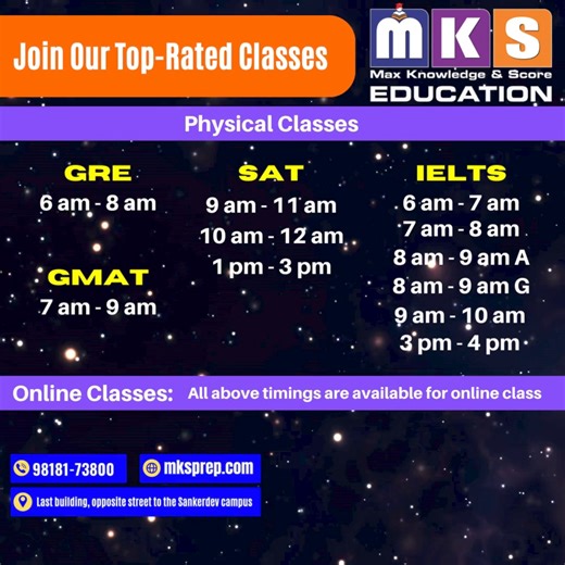 📚 Maximize Your Success with MKS Education! 🌟 Join our comprehensive preparation classes and take your academic and professional journey to new heights! Whether you're aiming for GRE, SOMAT, IELTS, SAT, or more, we've got you covered with expert instructors, state-of-the-art classrooms, and flexible learning options. 🌍 Why Choose MKS Education? Physical & Online Preparation Classes Class Recordings for Unlimited Review Top-Rated Instructors (5.57/5.0 Rating) Learning Management System (LMS) S