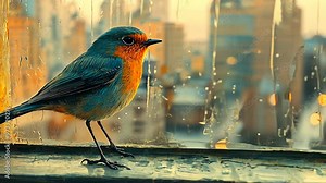 A robin sits on a windowsill, gazing out at a rain-streaked city at sunset.