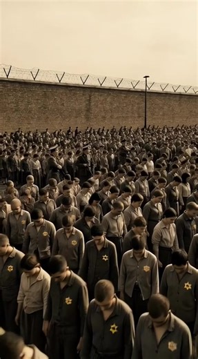 * "22 July 1942 historical recreation, sepia-tinted black-and-white archival look with harsh summer glare: Epic wide establishing shot of the crowded Umschlagplatz square in the Warsaw Ghetto, surrounded by high brick walls, barbed wire, and guarded gates under oppressive sky. Thousands of Jewish residents—families, elders, children—form silent, packed ranks awaiting trains to Treblinka, yellow stars prominent on ragged clothing. Slow cinematic orbiting pan circles the immense gathering: cluster