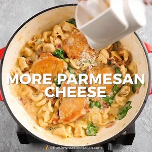 One-Pot Creamy Chicken Tortellini is an easy weeknight dinner with tender chicken thighs tossed in a rich and creamy cheese sauce. RECIPE: https://www.theslowroasteditalian.com/2017/12/one-pot-creamy-chicken-tortellini.html