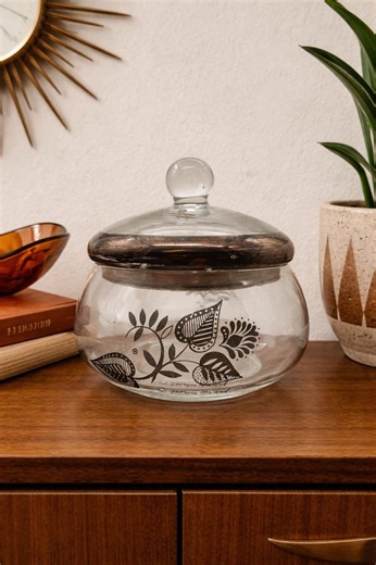 MCM Georges Briard Glass Lidded Container – Damask Black Floral Design – Vintage Storage Jar