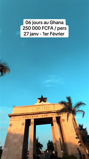 Le voyage est prévu du 27 janv au 01 février 2025 Arrivée le 27 Départ le 01 250 000 CFA / personne Le package prend en Charge : ➡️Hébergement (02 par chambre)/ chambre solo 350 000 F ➡️transport interne: Van privé pour les visites ➡️Les visites et activités: Sites touristiques et places emblématiques, Aqua Safari, Cascade, bowling et jeux, shopping Accra mall, visite de la ville, Accra by night, etc Nb: ➡️Le transport pour vous rendre au Ghana est à votre charge ➡️La restauration est à votre ch