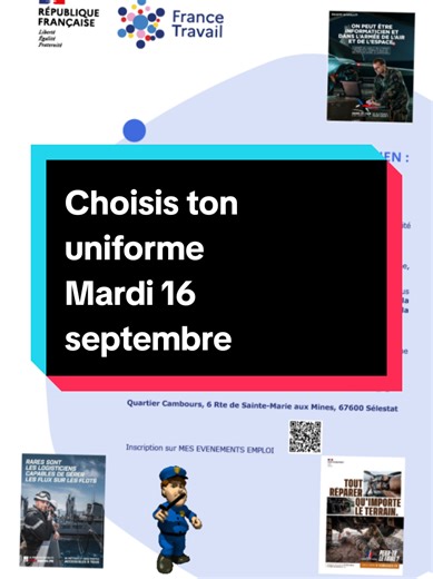 🚨 Et si votre futur métier faisait de vous un héros du quotidien ? 📅 Mardi 16 septembre 2025, de 13h30 à 16h30. France Travail Sélestat vous donne rendez-vous au Quartier Cambours pour une rencontre exceptionnelle avec les forces de sécurité et de défense : Armée de Terre (véhicule, camion podium, matériel), Armée de l’Air et de l’Espace, Marine, Police Nationale, Gendarmerie, Police Municipale et Pompiers. 👉 Orientation, reconversion, inspiration : venez découvrir des vocations qui changent 