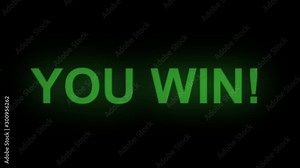 You win retro green computer screen text typing animation on black background. Arcade animation with glitch error and glowing text.