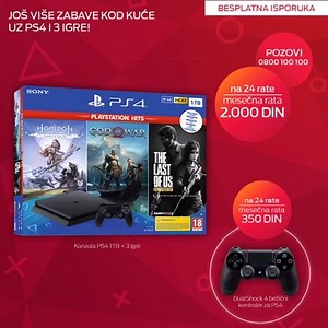 Koristiš mts postpejd? Pozovi 0800 100 100 i poruči paket Sony PlayStation 4 od 1 TB sa tri igrice, otplaćuj ga na 24 rate po 2000 dinara mesečno, a mi ti ga besplatno donosimo na kućnu adresu. | Mts