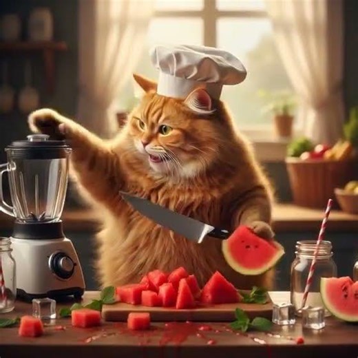 👌Orange cat made a wotermelon juice 🫡