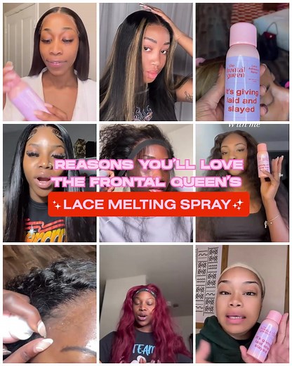 The Frontal Queen's Lace Melting Spray is the no-mess, no-fuss 48hr lace tamer your hair needs for a seamless transition from wig to hairline. Best of all, it's water-resistant and easy to apply, and there's zero flaking or drying out. 👑 Don't turn your crown into a gluey mess. Let your hair do the talking with The Frontal Queen. | The frontal Queen