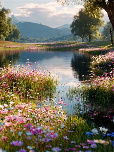 静止する花と動く反射｜湖畔の癒し風景