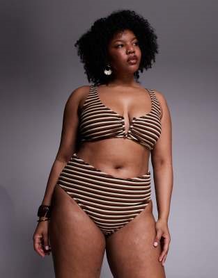 ASOS DESIGN Curve Tori towelling bikini short in stripe in caramel | ASOS