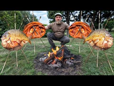 Primitive Grilled Fish Over Fire in Village Backyard