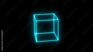 Neon cube frame. square magenta grid with magical glow 3d render in dark space. Geometric portal with simple futurist
