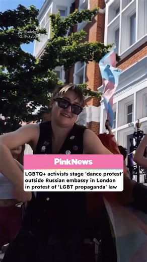 A group of LGBTQ activists staged a 'dance protest' outside the Russian embassy in London to stand up for queer people living in the country. | PinkNews