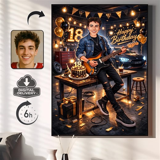 Custom 18th Birthday Caricature, Guitarist Portrait, Garage Theme Art (digital Download) - Etsy Australia