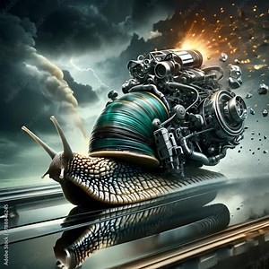A snail with a car engine for a shell is racing along a highway