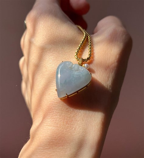 18k Solid Yellow Gold Translucent Old Pit Icy Blue Lavender Type A Jadeite Jade Ruyi Heart Burma | Fei Cui Burma Pearl Pendant | Certified - Etsy