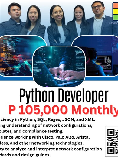 𝑷𝒚𝒕𝒉𝒐𝒏 𝑫𝒆𝒗𝒆𝒍𝒐𝒑𝒆𝒓 𝑸𝒖𝒂𝒍𝒊𝒇𝒊𝒄𝒂𝒕𝒊𝒐𝒏𝒔 & 𝑺𝒌𝒊𝒍𝒍𝒔 𝑹𝒆𝒒𝒖𝒊𝒓𝒆𝒅: ✅Proficiency in Python, SQL, Regex, JSON, and XML. ✅Strong understanding of network configurations, templates, and compliance testing. ✅Experience working with Cisco, Palo Alto, Arista, Wireless, and other networking technologies. ✅Ability to analyze and interpret network configuration standards and design guides. ✅Strong problem-solving and debugging skills. ✅Excellent collaboration and communication s