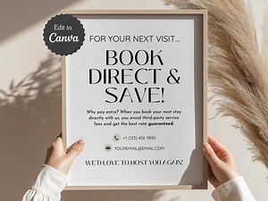 Book Direct and Save Sign; Re-book Sign for Airbnb, Short-term Rental, Dog Sitting, Small Business; A4, US Letter, 5x7, 8x10; Customizable - Etsy