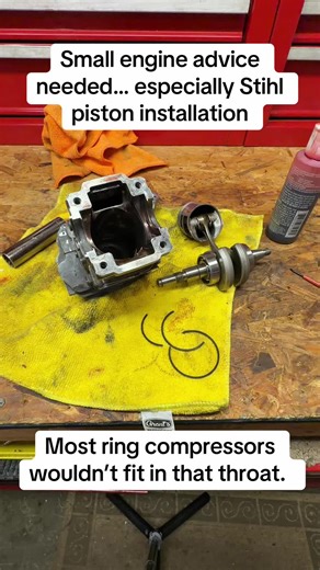 I would love some advice from small engine mechanics. I have been online looking at Ring compressors, but none of them look like they would fit in the throat of this cylinder. At least not far enough down to keep the rings compressed to make an easy transition. There has to be some trick or tool that I don’t know about. I would love your advice. #smallenginemechanic #smallengine #smallenginerepair #keeganssmallengine #stihl