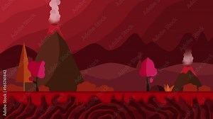 Cartoon Volcano erupting Animation Loop. volcano landscape background. Dinosaurs and stone age background. ecology and global warming concept. game background animation. Mars backdrop