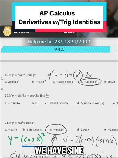Sometimes you can make the problem a lot easier by knowing some identities!#trig #calculus #derivatives #apcalc #roadto10k