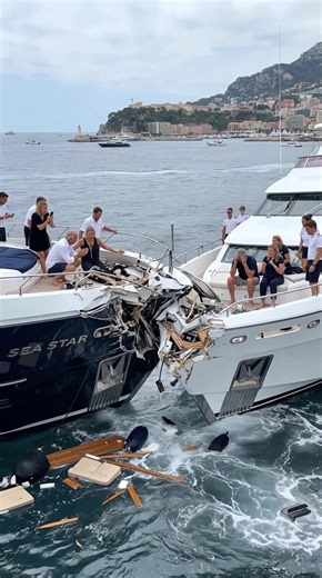 Two luxury yachts collide in the harbor… and the owners are left in tears 🌊 One yacht is already starting to sink, while the owners sit there in shock, watching the damage. One girl jumps into the water trying to “save herself” — and ends up just getting soaked. An insanely expensive fail. Hopefully those yachts were insured. #yacht #harbor #sea #fail #reels